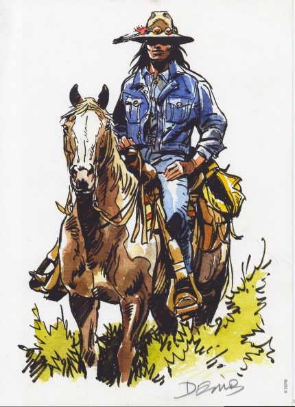 Buddy Longway : Derib : Ex-libris offset signé : Indien à cheval