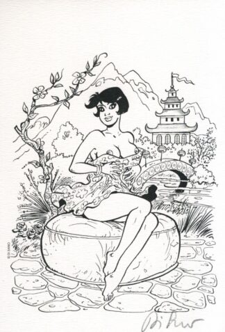 Di Sano, Alys et Vicky, Ex-libris offset signé, Femme sur pouf