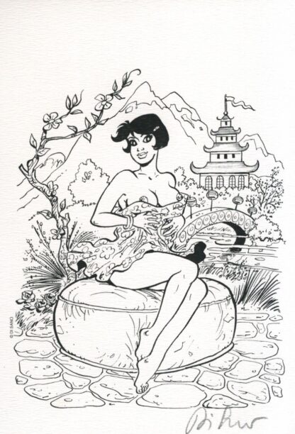 Di Sano, Alys et Vicky, Ex-libris offset signé, Femme sur pouf