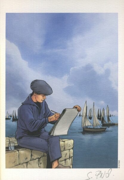 Fino, Les chasseurs d'écume, Ex-libris signé, Dessin en Bord de Mer