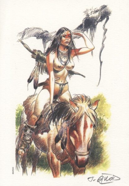Girod, Ex-libris offset signé, Indienne à cheval