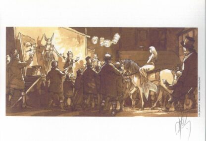 Troupe de théâtre et femme a cheval