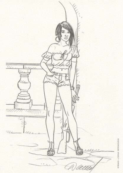 Renaud, Jessica Blandy, Ex-libris offset signé, Femme au fusil (version noir et blanc)