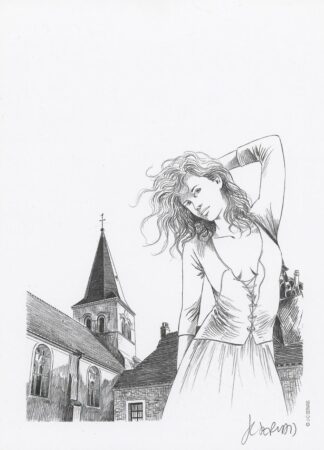 Servais, les seins de café, Ex-lbris signé, Femme et clocher (Noir et Blanc)