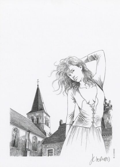 Servais, les seins de café, Ex-lbris signé, Femme et clocher (Noir et Blanc)