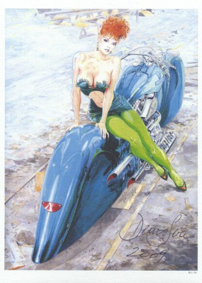 Denis Sire, Bois Willys, Ex-libris offset signé, Femme assise sur une moto