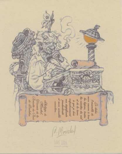 Mouchel, Le Mur de Pan, Ex-libris offset signé, Vieil homme