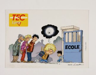 Carte postale publicitaire, Cédric sur le chemin de l'école
