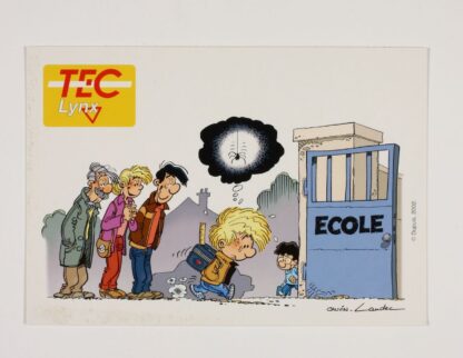 Carte postale publicitaire, Cédric sur le chemin de l'école