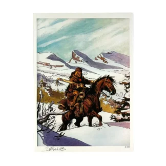 Buddy Longway : Derib : Ex-libris offset signé : Buddy à cheval dans la neige