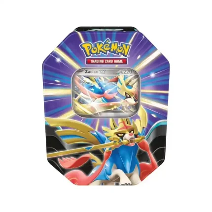 Pokémon Tin Box Légendes Tranchantes Zacian (réf. 100-10380) : coffret métallique bleu avec carte promo Zacian et boosters officiels Pokémon.