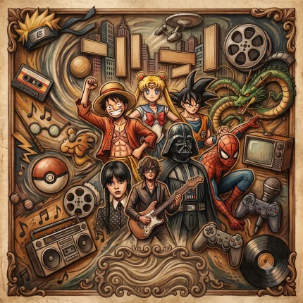 Illustration artistique de style rétro et vintage célébrant l'univers de la pop culture, avec des personnages d'animés, des icônes du cinéma, des super-héros et des éléments musicaux, le tout dans un cadre en bois sculpté sans aucun texte.