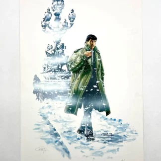 Affiche Bob Morane marchant sous la neige signée Vernes Coria