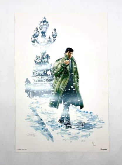 Affiche Bob Morane marchant sous la neige signée Vernes Coria