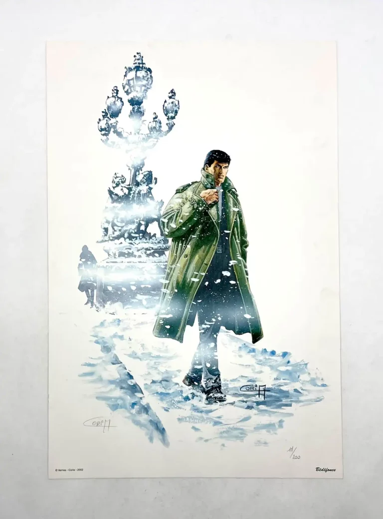 Affiche Bob Morane marchant sous la neige signée Vernes Coria