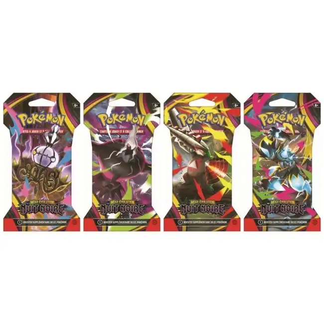 4 boosters Pokémon ME05 Nuit Noire assortis sous blisters